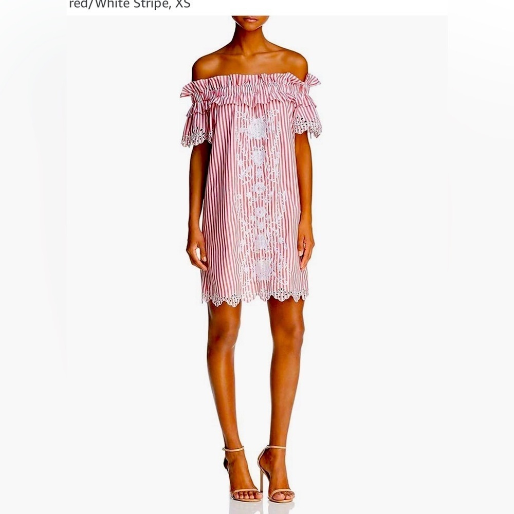 Parker Red and White Off-Shoulder Stripe Lace Dress